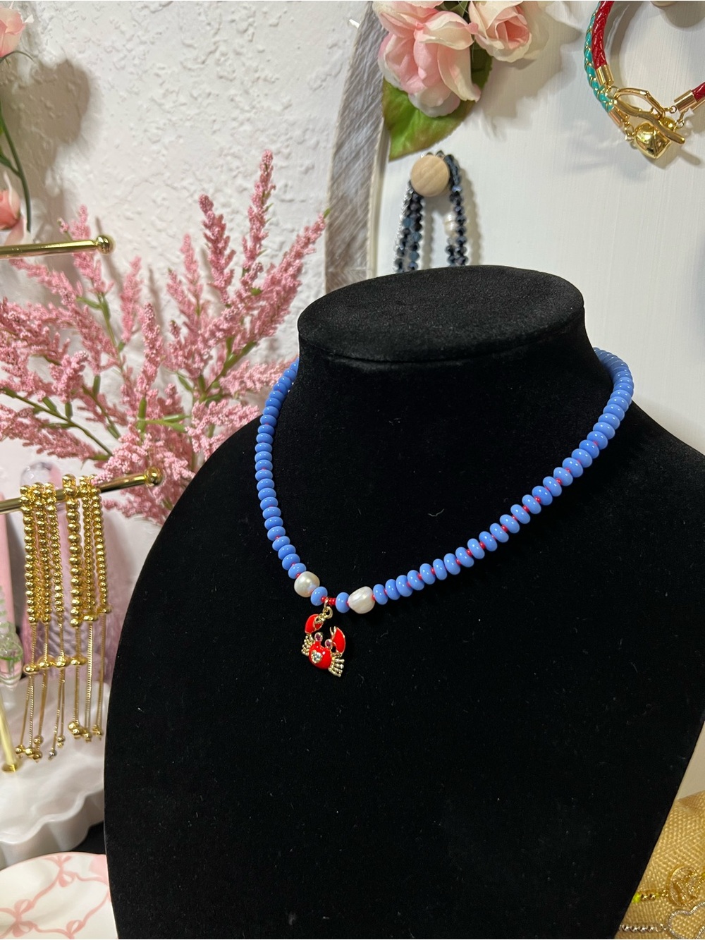 Light Blue Beaded Necklace with Red Crab Charm